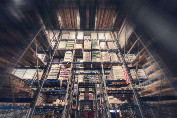 Warehouse storage racks seen from below