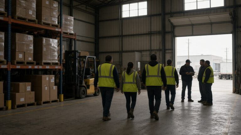Warehouse crew walking toward a loading dock on a Tuesday morning after Labor Day in northern New Jersey