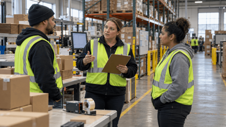 Warehouse supervisors reviewing shift assignments beside a packing station